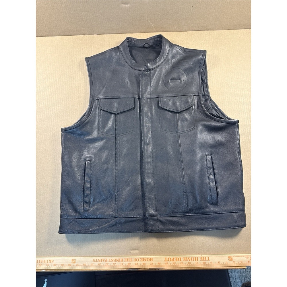 Club Vest Mens Genuine Leather Motorcycle Vest with Carry Pockets, Black 4XL